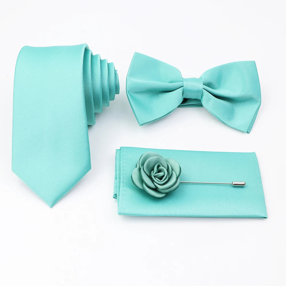 Hot Sale Pink Purple Sage Green Tie Set Polyester Necktie Bowtie Cufflink Brooch For Groom Suit Wedding Cravat Shirt Accessory