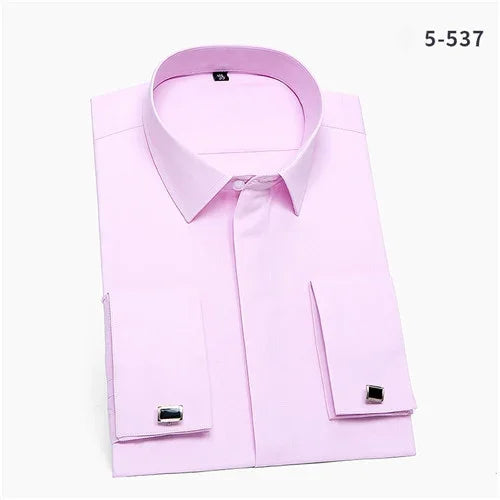 France Cufflinks Men Tuxedo Business Social Shirts Long Sleeve Covered Button Plain Solid Mens Dress Shirt White Light Blue Pink