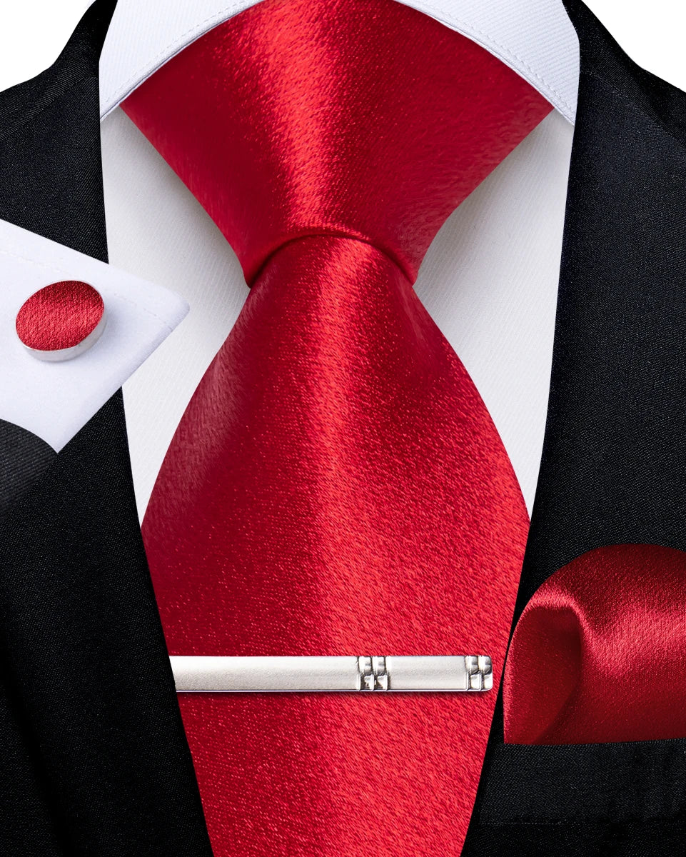 4Pcs Solid Green Brown Black Blue Red Satin 8cm Men Tie Set Handkerchief Cufflinks Wedding Party Accessories Gift for Husband