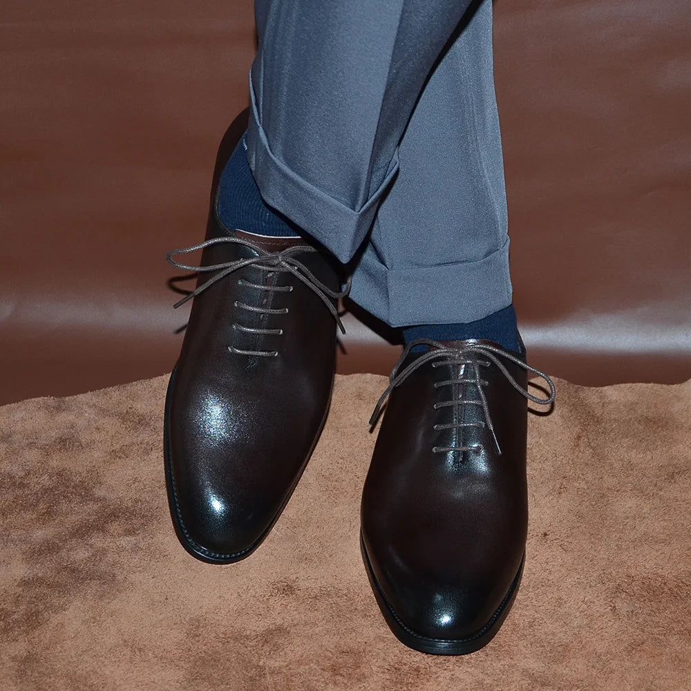 Brand Designer Whole Cut Oxford Dress Shoes Men Genuine Leather Handmade Lace Up Plain Toe Business Office Formal Wedding Shoe