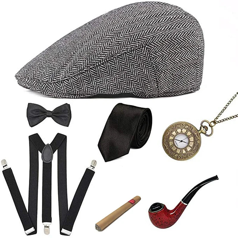 The Great Gatsby Cosplay Costume 1920s Mens Gangster Accessories Set Newsboy Hat Suspenders Armbands Tied Bowtie Drop Shipping30