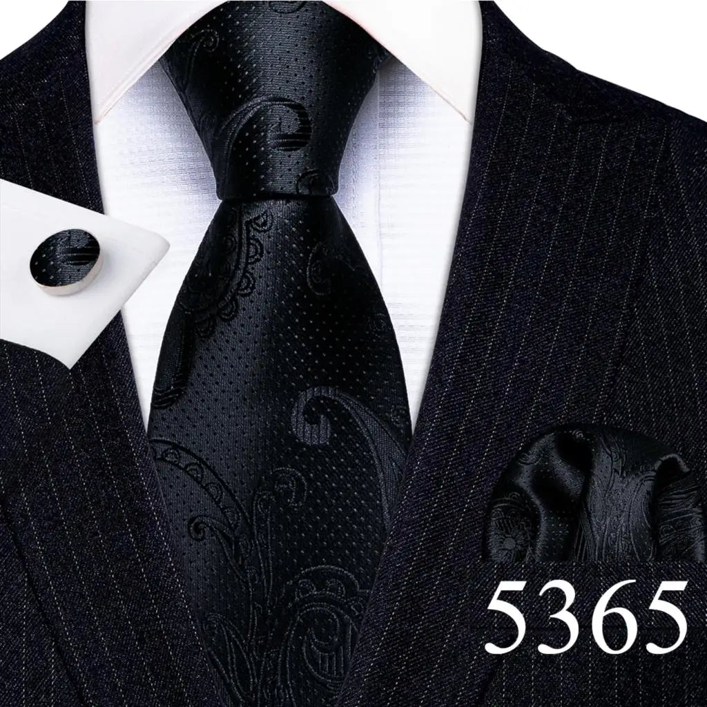 Fashion Mens Ties Set Silk Gray Black Silver White Striped Plaid Solid Paisley Floral Neck Tie Hankderchief Cufflinks Barry·Wang