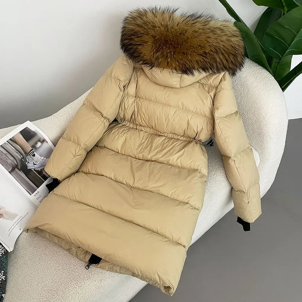 2024 - 2025 Winter New White Duck Down Real Fox Fur Real Raccoon Fur Long Hooded Coat Women Slim Warm Jacket Female Casual Fashion