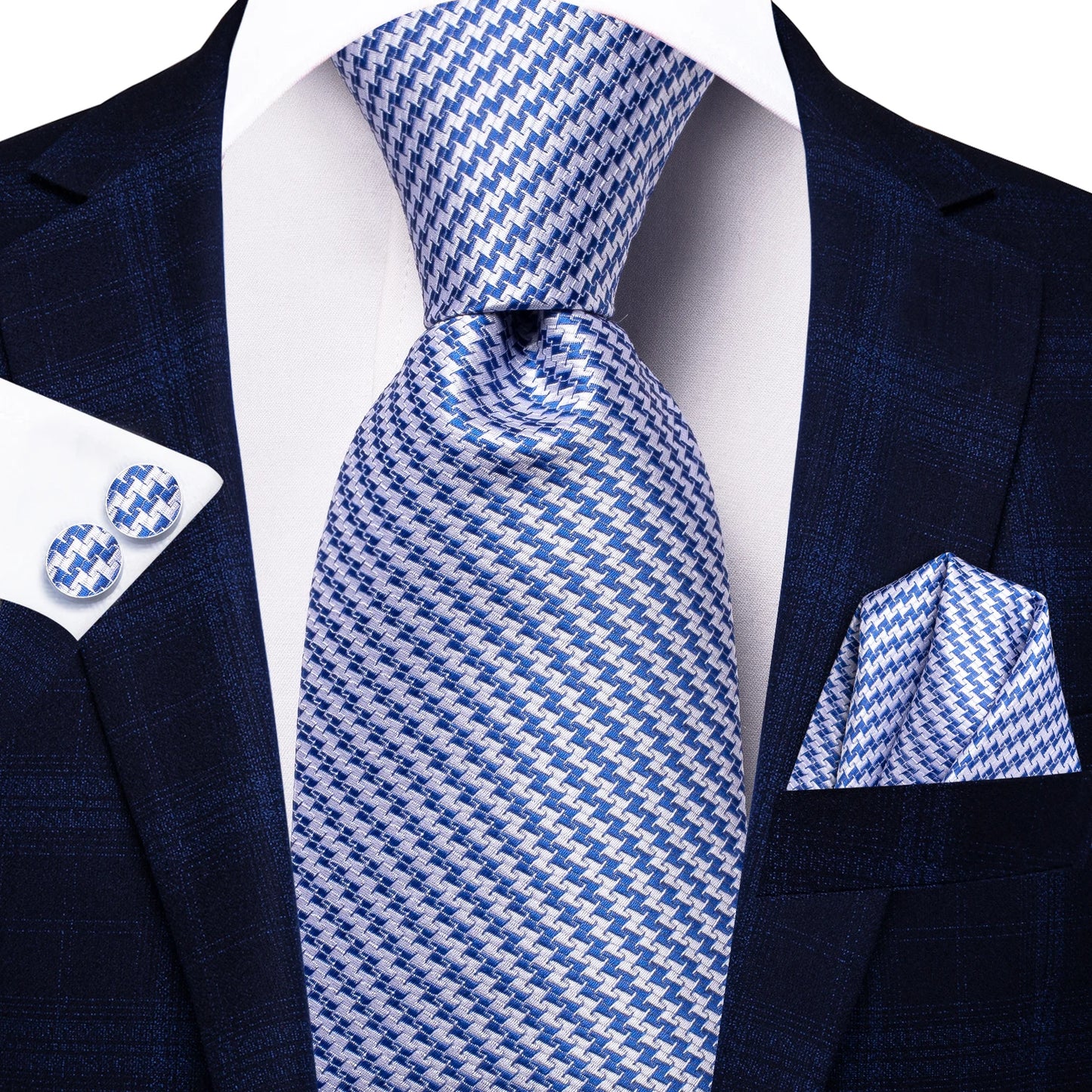 Brand New 2025 Hi-Tie Light Blue Striped Business Mens Tie 8.5cm Jacquard Necktie Accessorie Daily Wear Cravat Wedding Party Hanky Cufflink Set