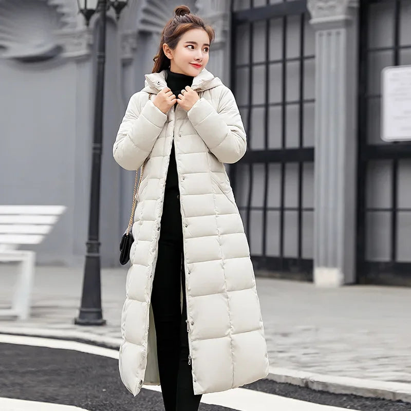 New 2024 - 2025 X-Long Down Jacket Women Casual Thick Warm Padded Coat Winter Loose Solid Hooded Parkas Lady Korean Fashion Solid Long Overcoa