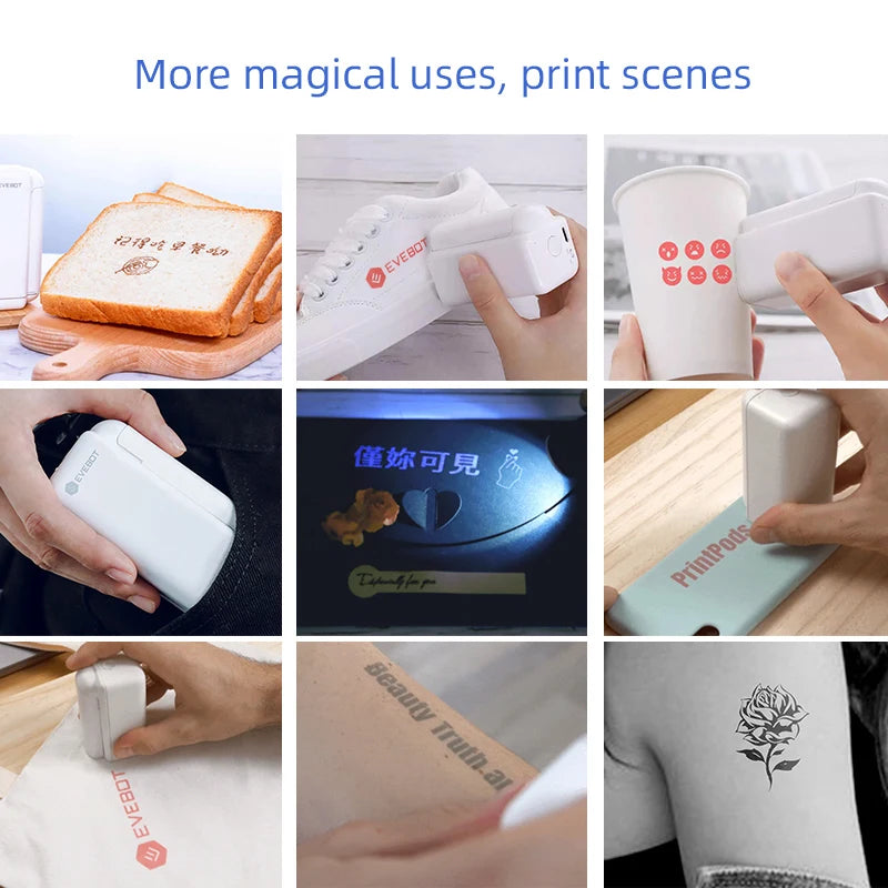 EVEBOT Printpods Handheld Mini Printer Small Portable Creative Smart Inkjet  Machine Card Label Bread Coffee Clothes Logo