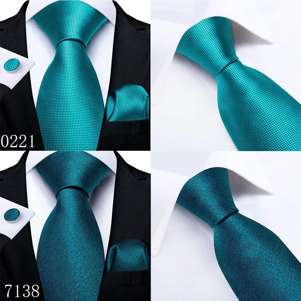 DiBanGu Mens Necktie Teal Green Blue Solid Design Silk Wedding Tie For Men Hanky Cufflinks Tie Set Fashion Bussiness Party