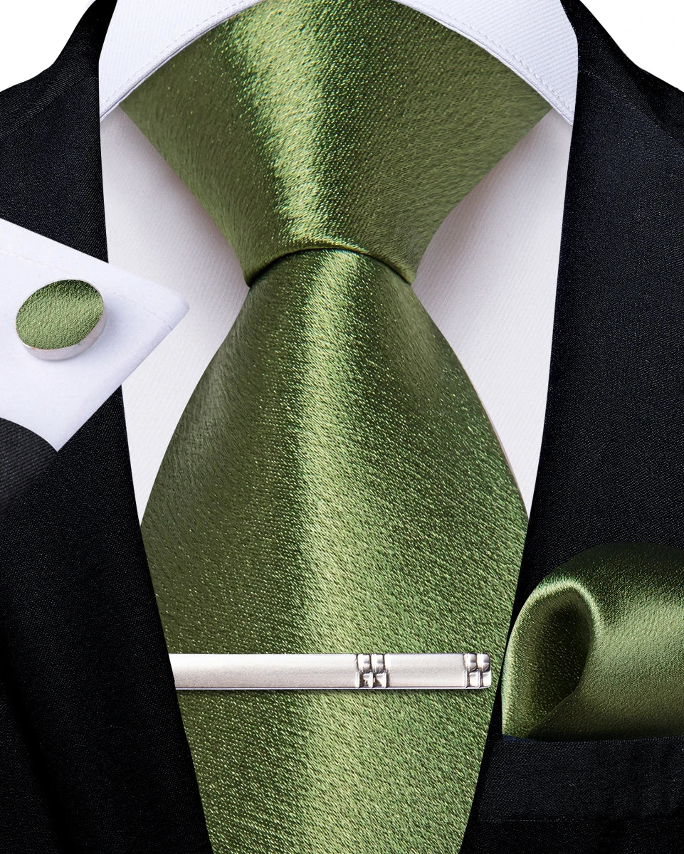 4Pcs Solid Green Brown Black Blue Red Satin 8cm Men Tie Set Handkerchief Cufflinks Wedding Party Accessories Gift for Husband