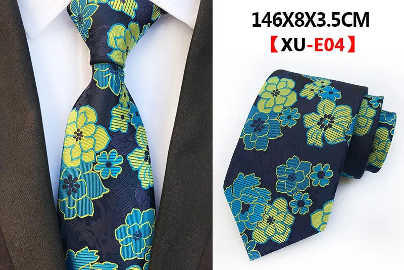 Men's Fashion Tie 8cm Silk Classic Necktie Yellow Blue Plaid Striped Flower Ties Business Wedding Mans Neckwear Gift Accessories
