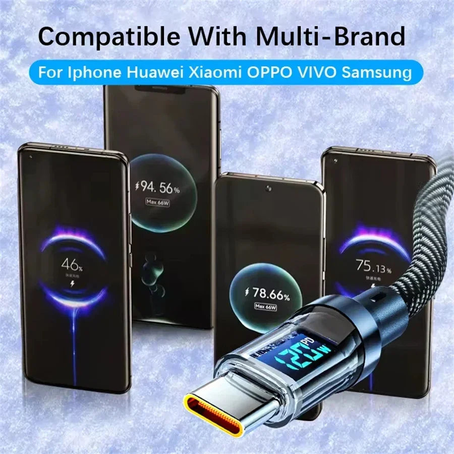 1PCS 120W Type C to Type C Super Fast Charging Cable for Phone with LED Display USB Data Cable to Type C for huawei oppo vivo