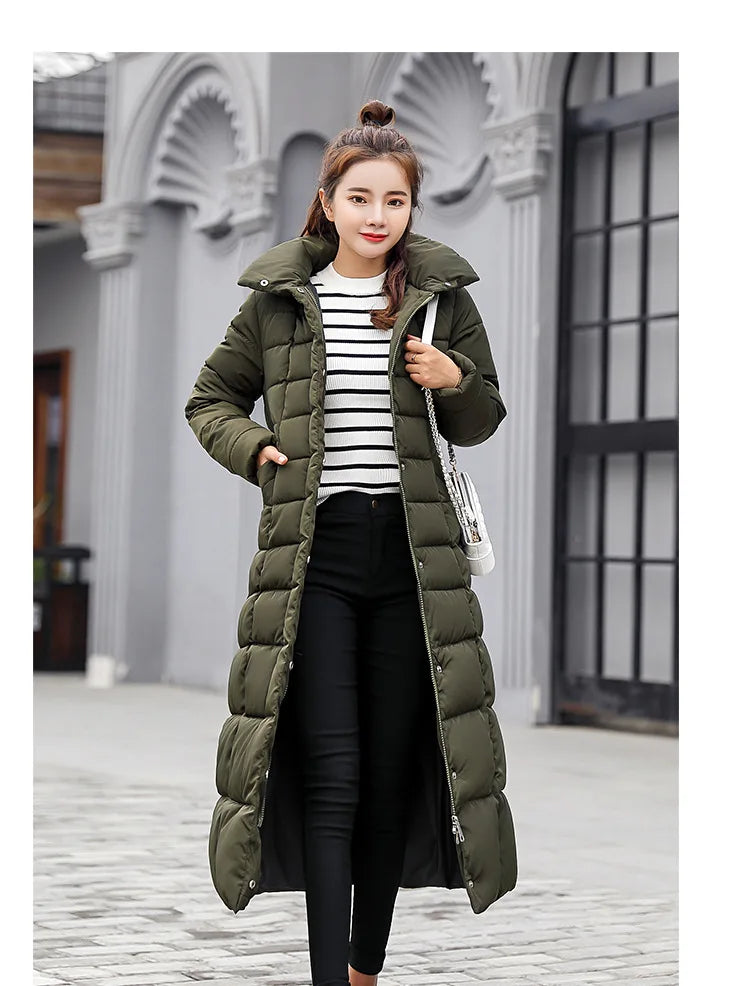 New 2024 - 2025 X-Long Down Jacket Women Casual Thick Warm Padded Coat Winter Loose Solid Hooded Parkas Lady Korean Fashion Solid Long Overcoa
