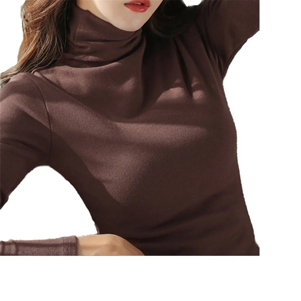 NEW 2024 Solid Color USA Female Warm Slim Thin T-Shirt Tops Autumn Pullovers Women Turtleneck Bottoming Shirt Pullover Long Sleeve