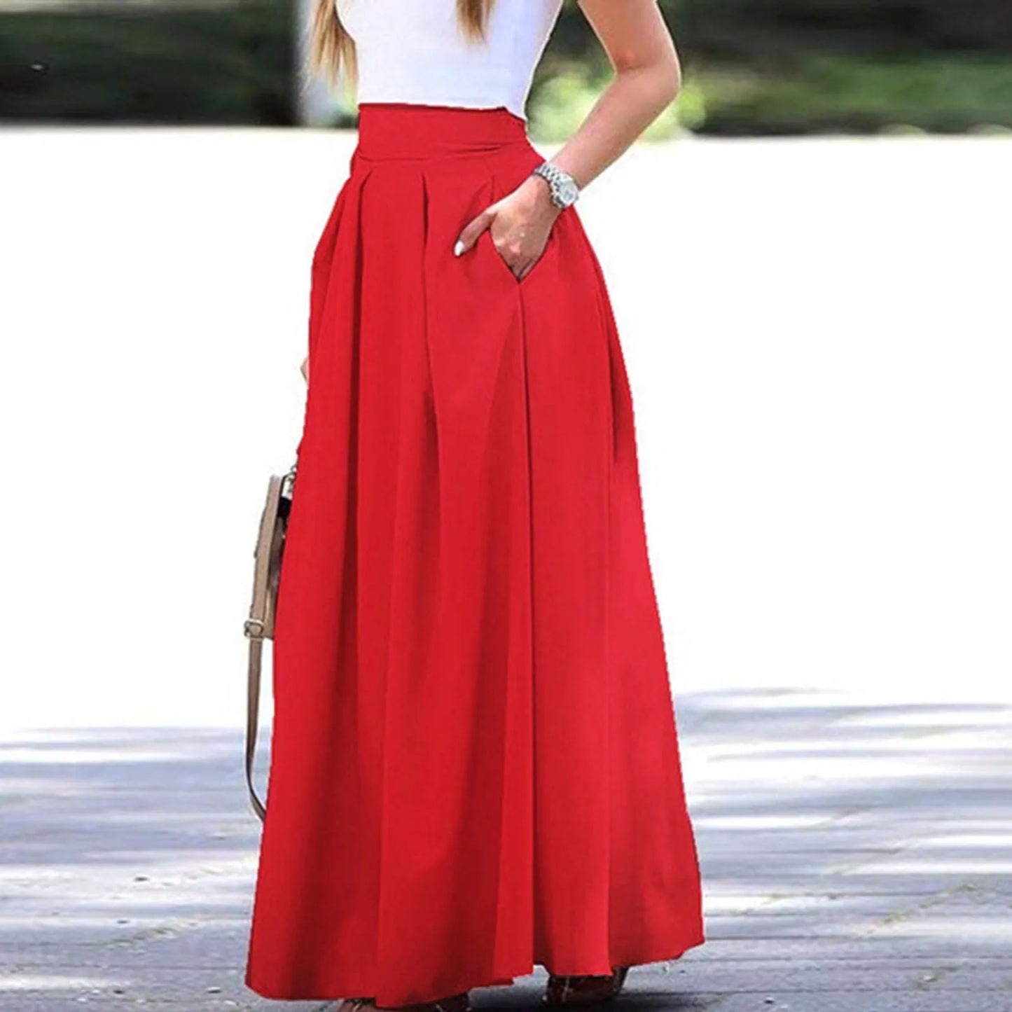 Women's Large Solid Women Satin Silk Long Skirts Cotton Solid Elegant Loose Sundress Femme Elastic Waist Oversized Casual Dresse