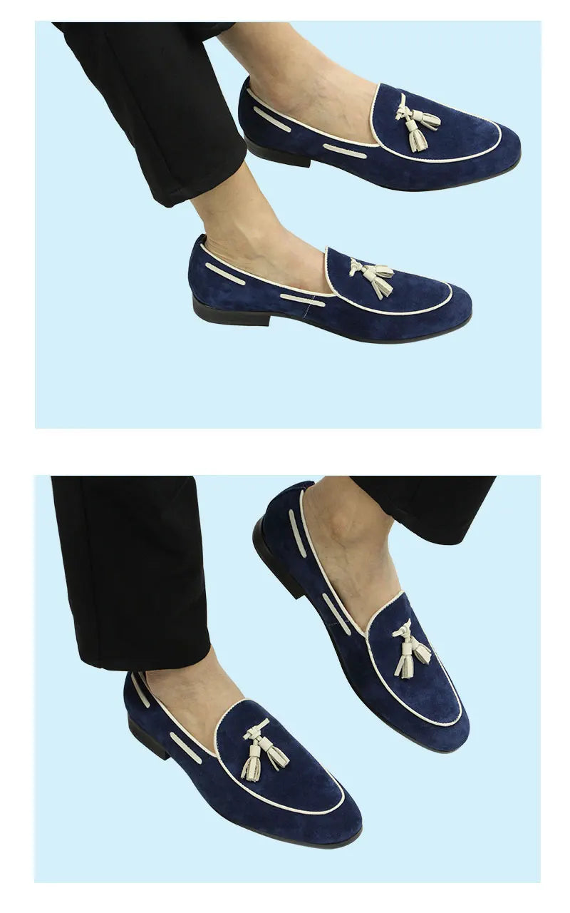 Our New Collections 2025 Penny Blue Loafer Men Shoes Fashion Tassel One-step Summer Casual Daily Office Shoes for Men Cow Suede High quality Customized