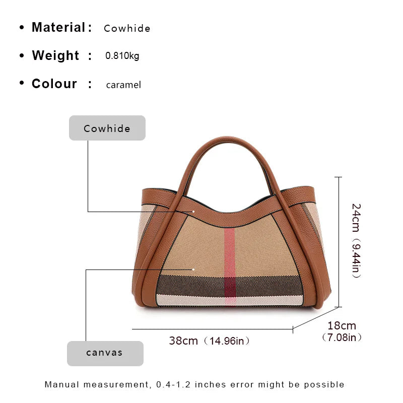 NEW 2024-2025 New Retro Checkered Women's Handbag Fashionable and Advanced Large Capacity Canvas with Cowhide Mother and Child Bag