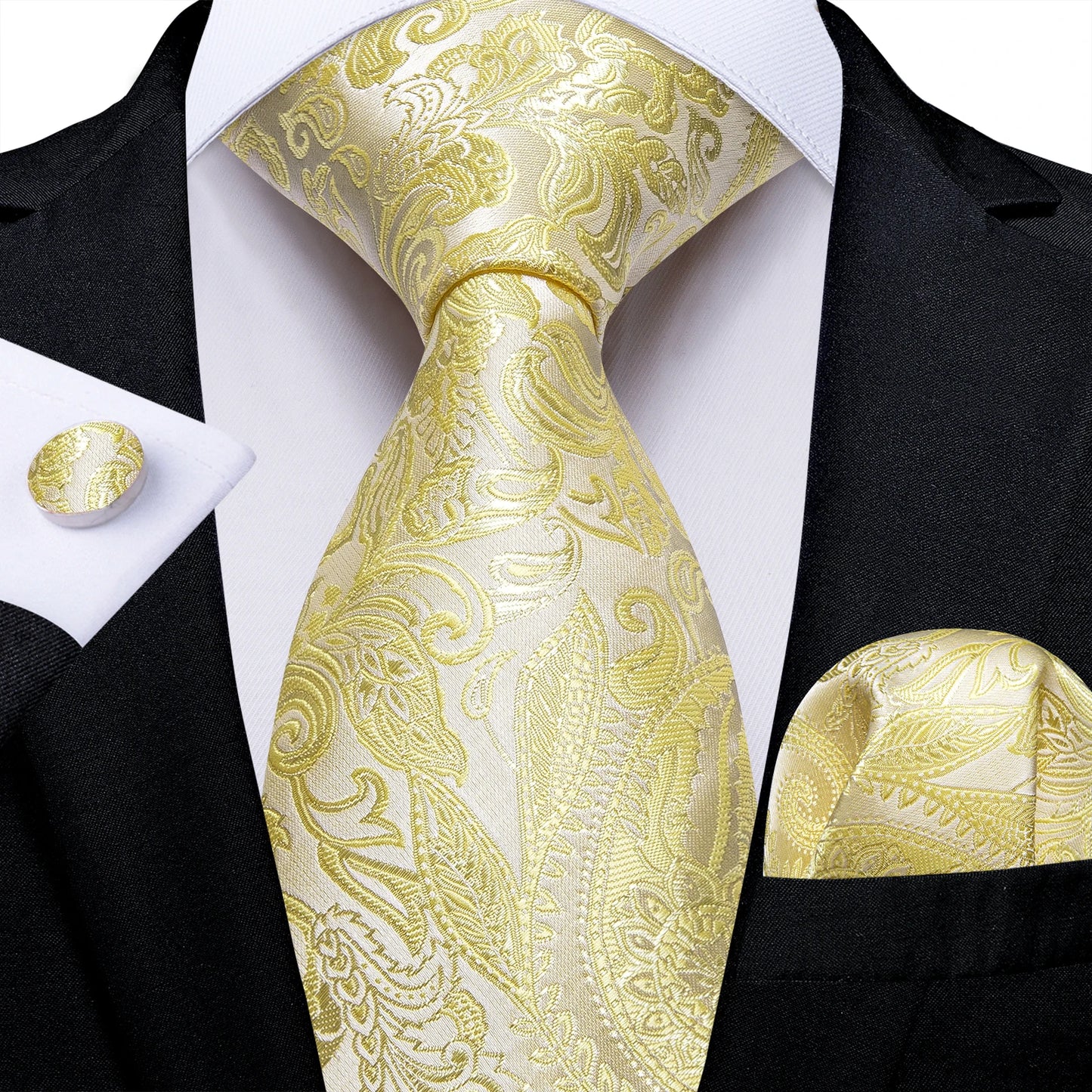 Brand New 2025 Mens Tie 100% Silk Classic Jacquard Woven 8cm Gold Yellow Formal Business Wedding Neck Tie Pocket Square Set Suit Cravat