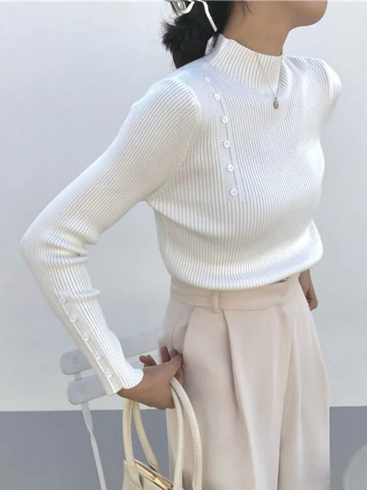 Women Knitted Sweater Long Sleeve Button Turtleneck Slim Pullovers for Autumn Winter 2024 Female Sweaters Soft Warm Bottoming Tops