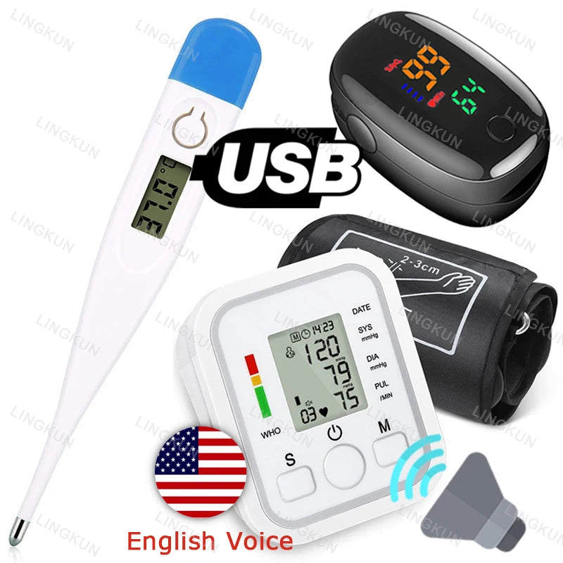 English Voice Digital Arm Blood Pressure Cuff Sensor Monitor BP Automatic Pressure Tonometer Tensiometer Heart Rate Pulse Meter