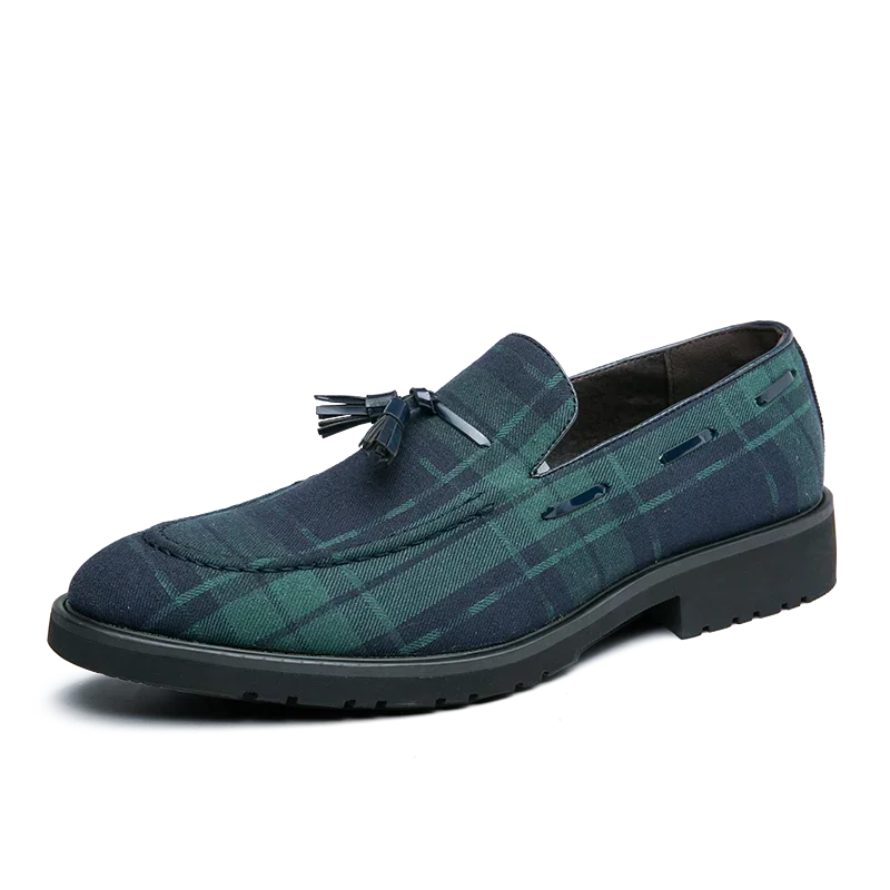 Our 2025 New Loafers Men Shoes Canvas Green Plaid Fashion Business Casual Wedding Party Classic Fringe Retro Gentleman Dress Shoes