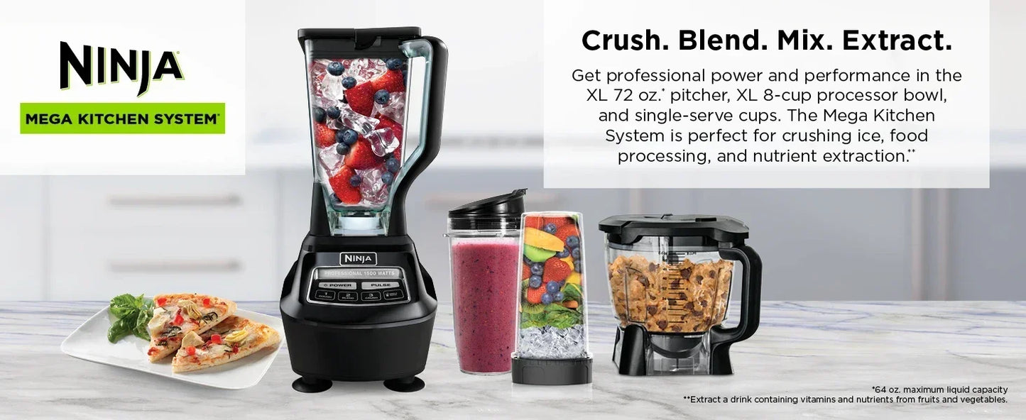 QWNinja BL770 Mega Kitchen System,1500W,4 Functions for Smoothies,Processing,Dough,Drinks & More,with 72-oz.* Blender Pi