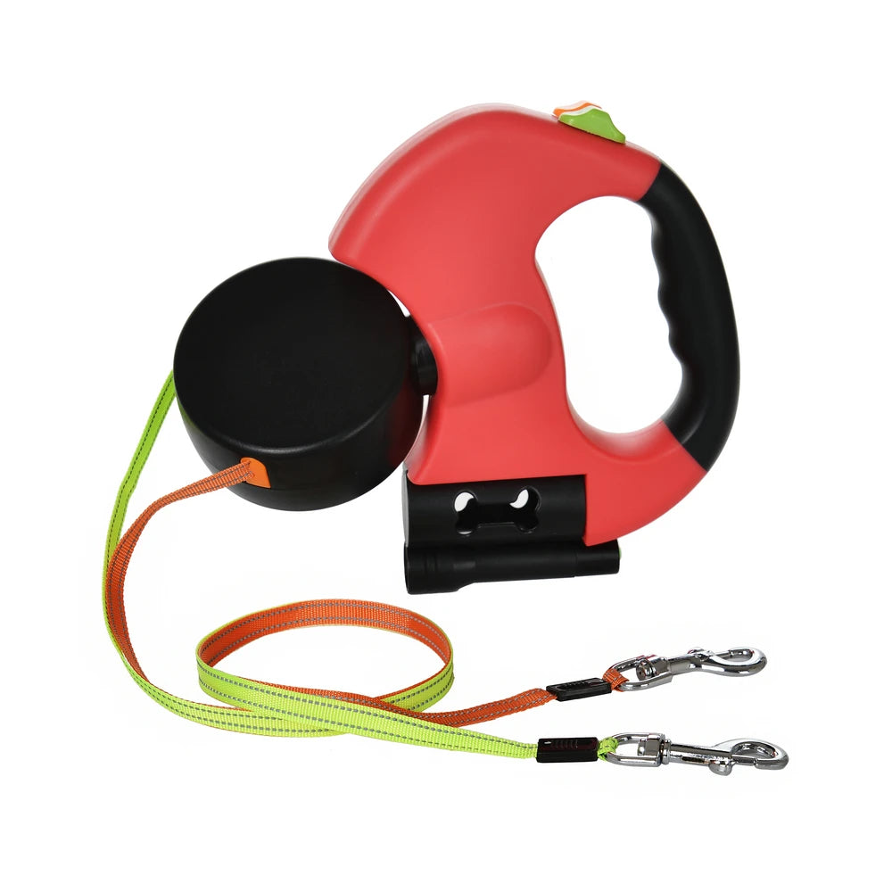 3in1 Double Head Dog Leash Flashlight Poop Bag Dispenser Dual Reflective Pet Cat Leash Automatic Extendable Puppy Traction Rope