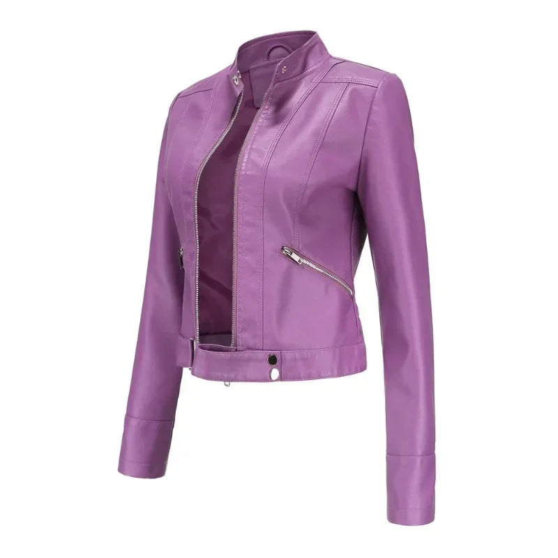 Spring Autumn Stand Collar Ladies Thin Leather Outerwear 2024 New Style Women's Leather Jacket Short Slim Fit