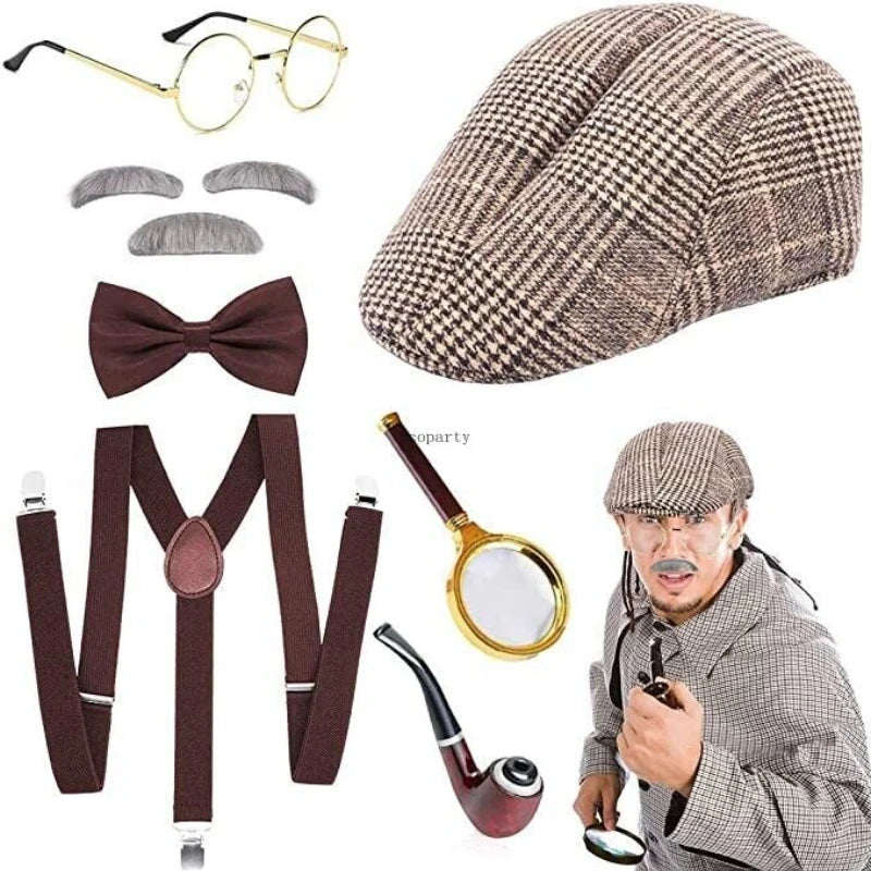 1920s Men Fancy Dress Costume Sets Detective Accessories with Hat Adult Detective Hat Man Inspector Costume Set for Halloween