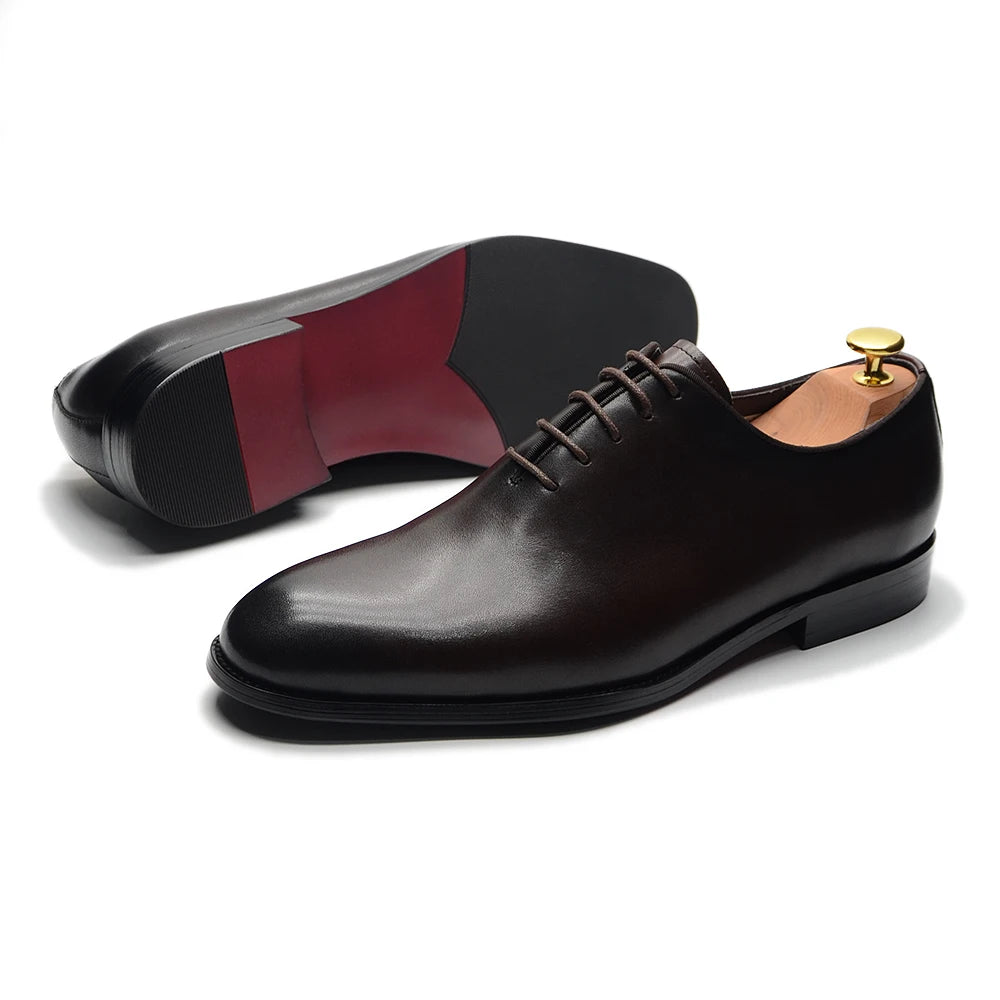 Brand Designer Whole Cut Oxford Dress Shoes Men Genuine Leather Handmade Lace Up Plain Toe Business Office Formal Wedding Shoe