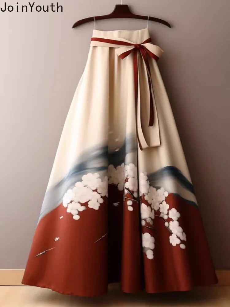 Vintage Skirts for Women 2024 Faldas Mujer De Moda High Waist A-line Jupe French Style Print Bandage Saia Big Swing Loose Skirt