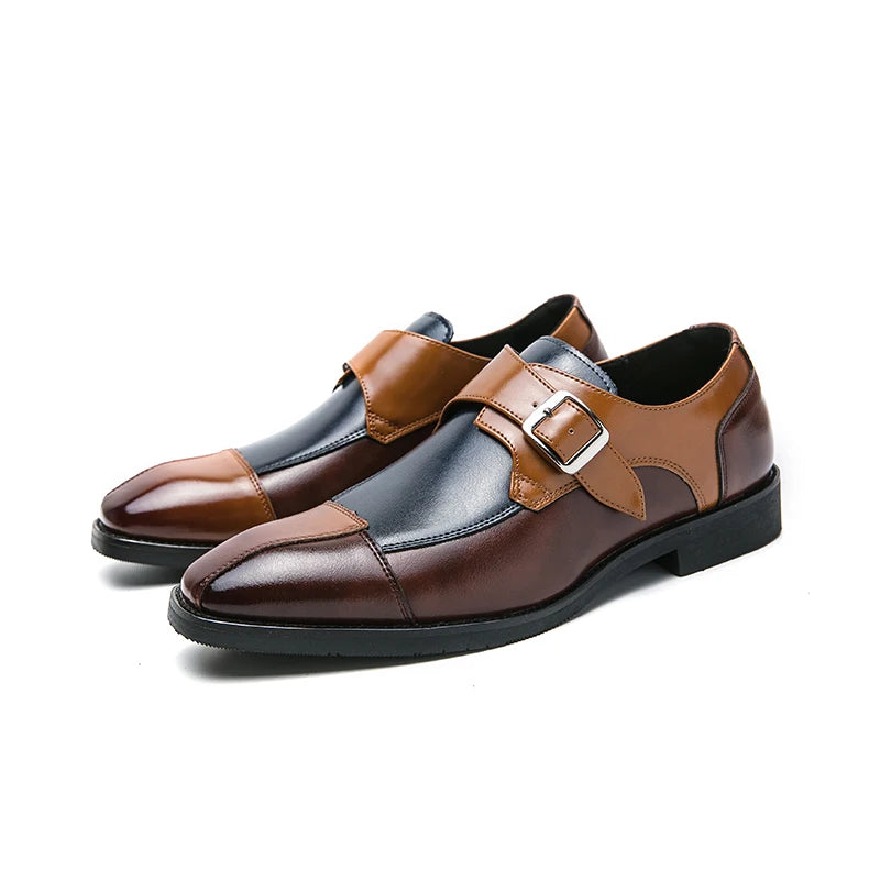 Brand new 2024-2025 Classic Monk Leather Man Shoes Color Block Round-Toe Buckle Business Dress Leather Shoes Man Casual Wedding Party Shoes For Man