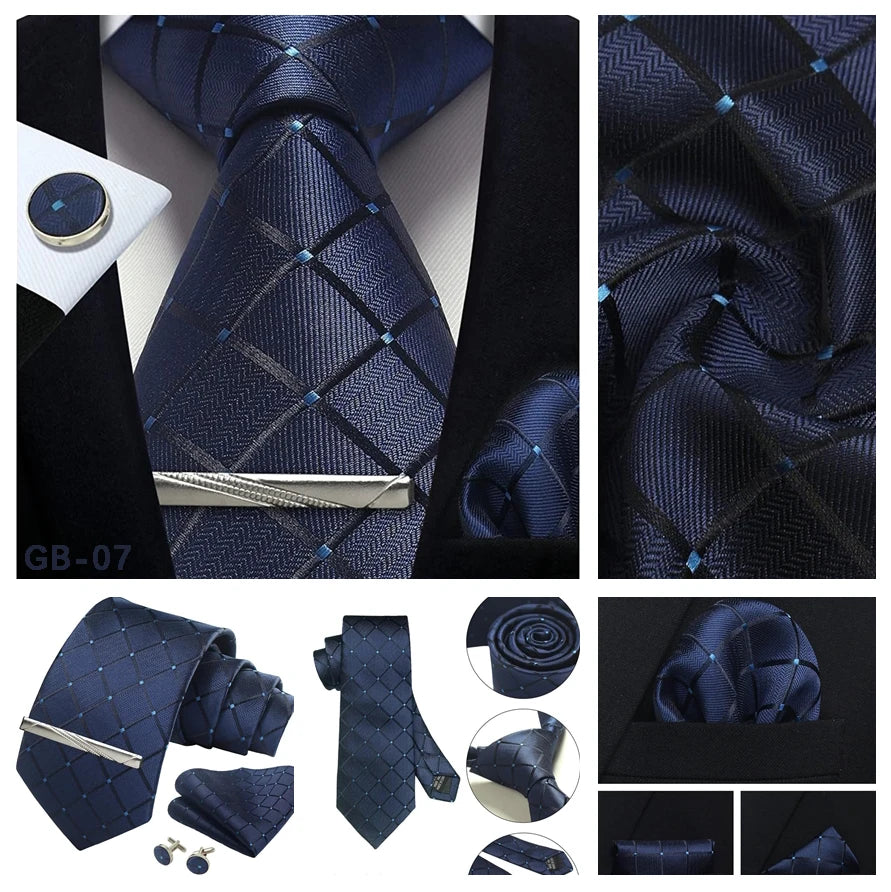 100% Silk Ties for Men Plaid & Checks Tie Clip Handkerchief Woven Classic Men's Necktie Pocket Square Set Formal Wedding Ties