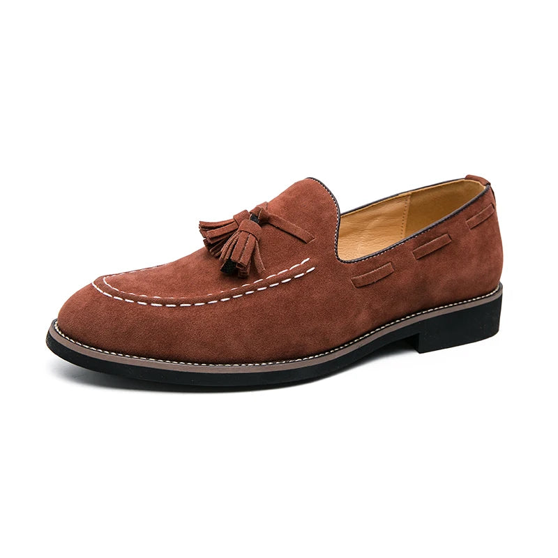 Brand Design Men Suede Leather Shoes Moccasins Purple Tassel Pointed Men's Loafers Vintage Slip-on Casual Men Social Dress Shoe