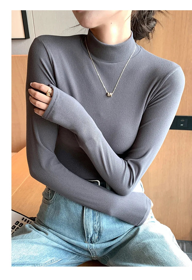 2024 New Knitted Half-turtleneck Pullovers Women Bottom Shirts Sweater Jumper Elegant USA and Canadian Fashion Long-sleeved Tops Knitwear
