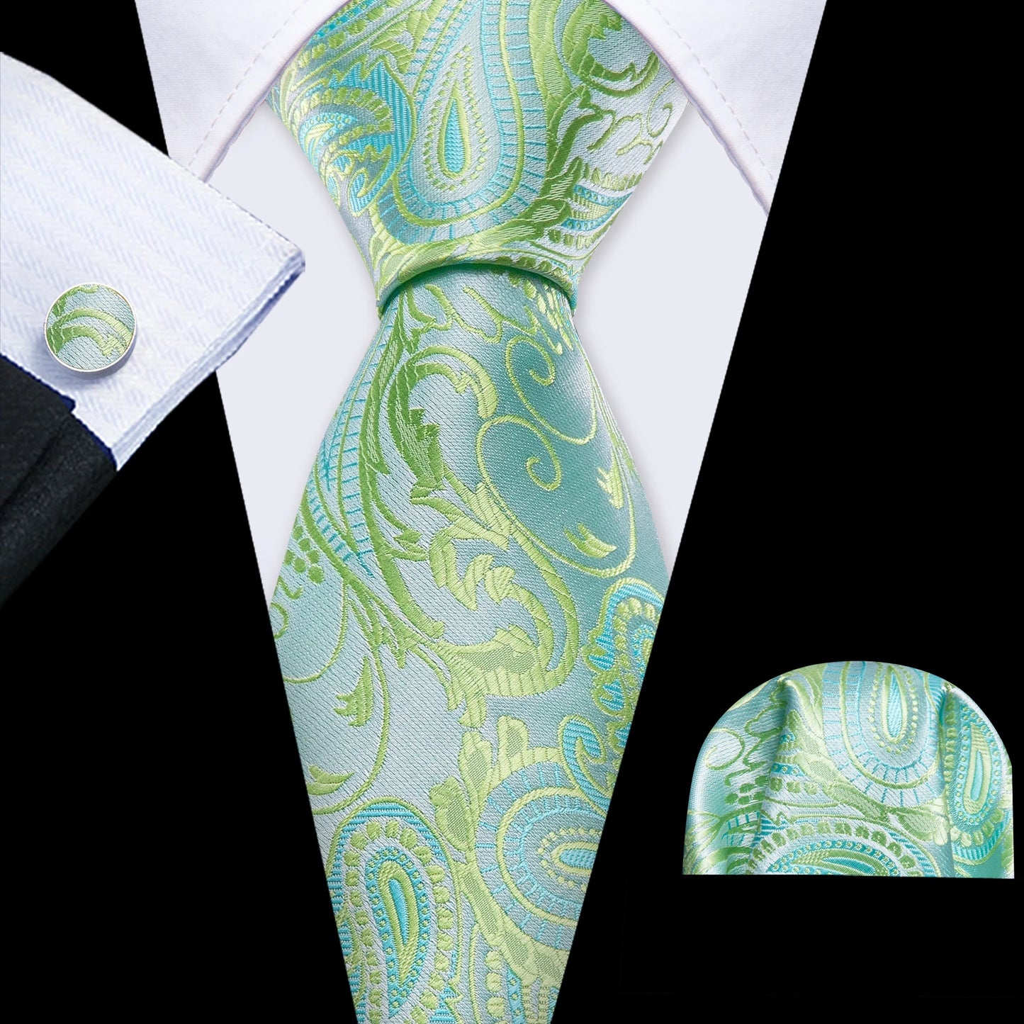 Fashion Silk Men Tie Green Teal Blue Solid Paisley Striped Plaid Floral Animal Necktie Handkerchief Cufflinks Set Barry. For Wedding