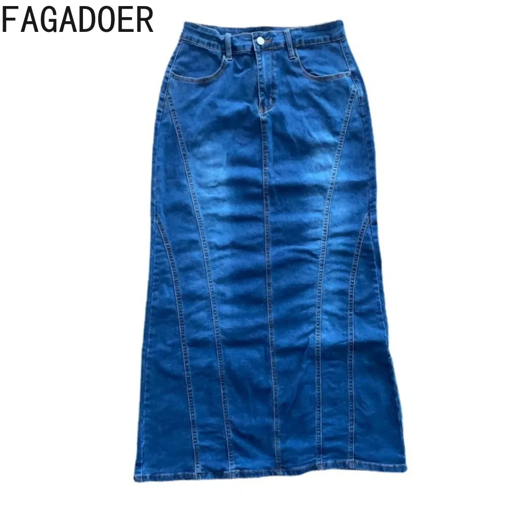 FAGADOER Retro Blue Fashion Skinny  Denim Skirts Women High Waisted Button Pocket Skirts Female Elasticity Cowboy Bottoms