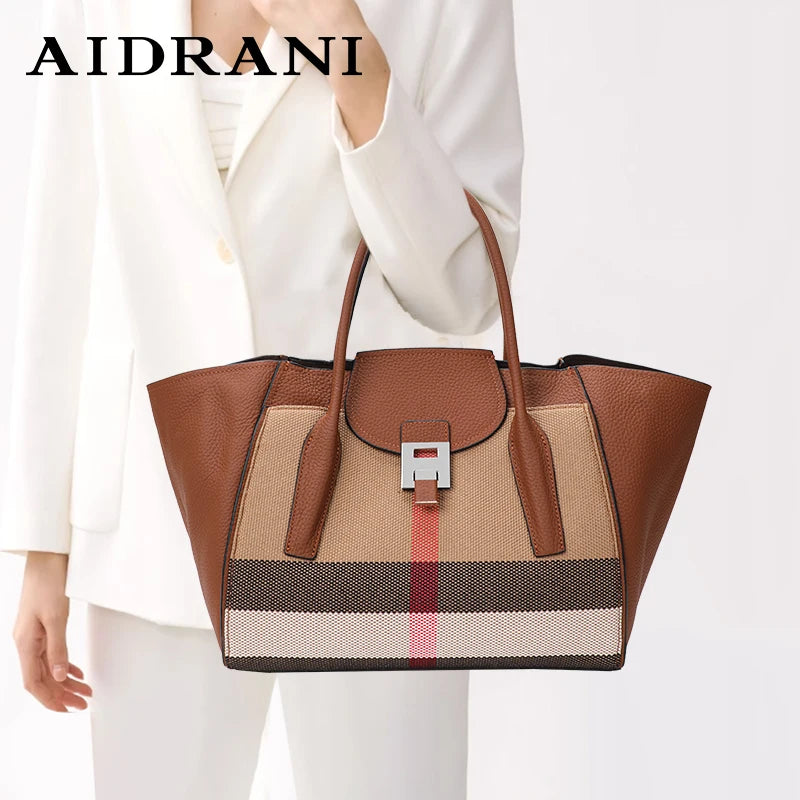 New 2024-2025 Checkered women's handbag 2024 fashionable canvas genuine leather bag large capacity multifunctional cowhide wing bag