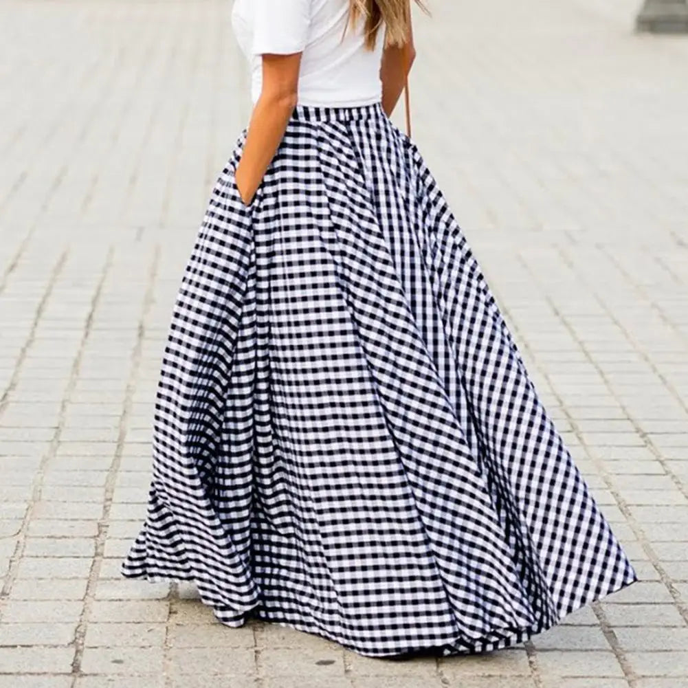 2024 Vintage Bohemian Women High Waist Summer Long Skirt Plaid Pockets Casual A-Line Maxi Skirts Elegant Beach Skirt Long Skirt