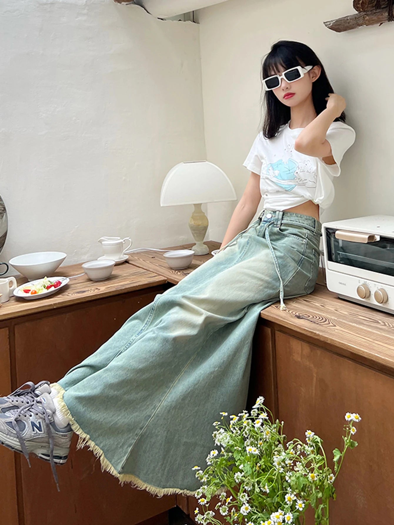 REDDACHiC 90s Retro Green Wash Long Jeans Fishtail Skirt Women Bandage High Waist Frayed Denim Maxi Skirt  Y2k Streetwear