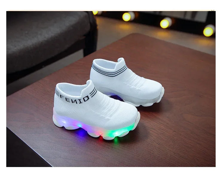 Brand New 2024-2025 Kids Sneakers Children Baby Girls Boys Letter Mesh Led Luminous Socks Sport Run Sneakers Shoes Sapato Infantil Light Up Shoes