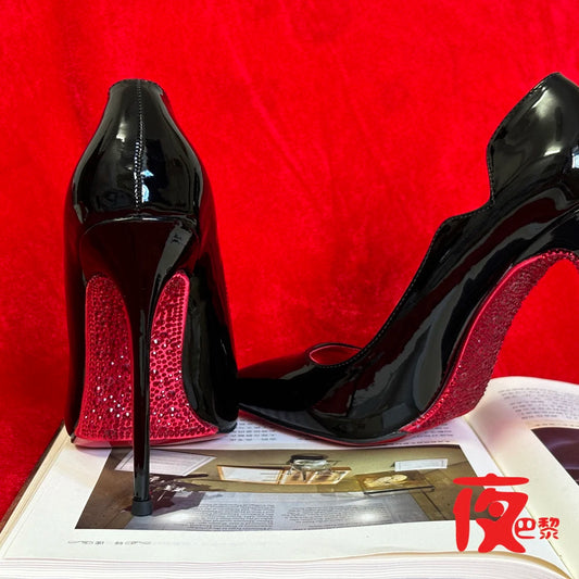 12CM New Wave Edge Shallow Mouth Pointed Shoes European and American Sexy Water Diamond Bottom Fine Heels