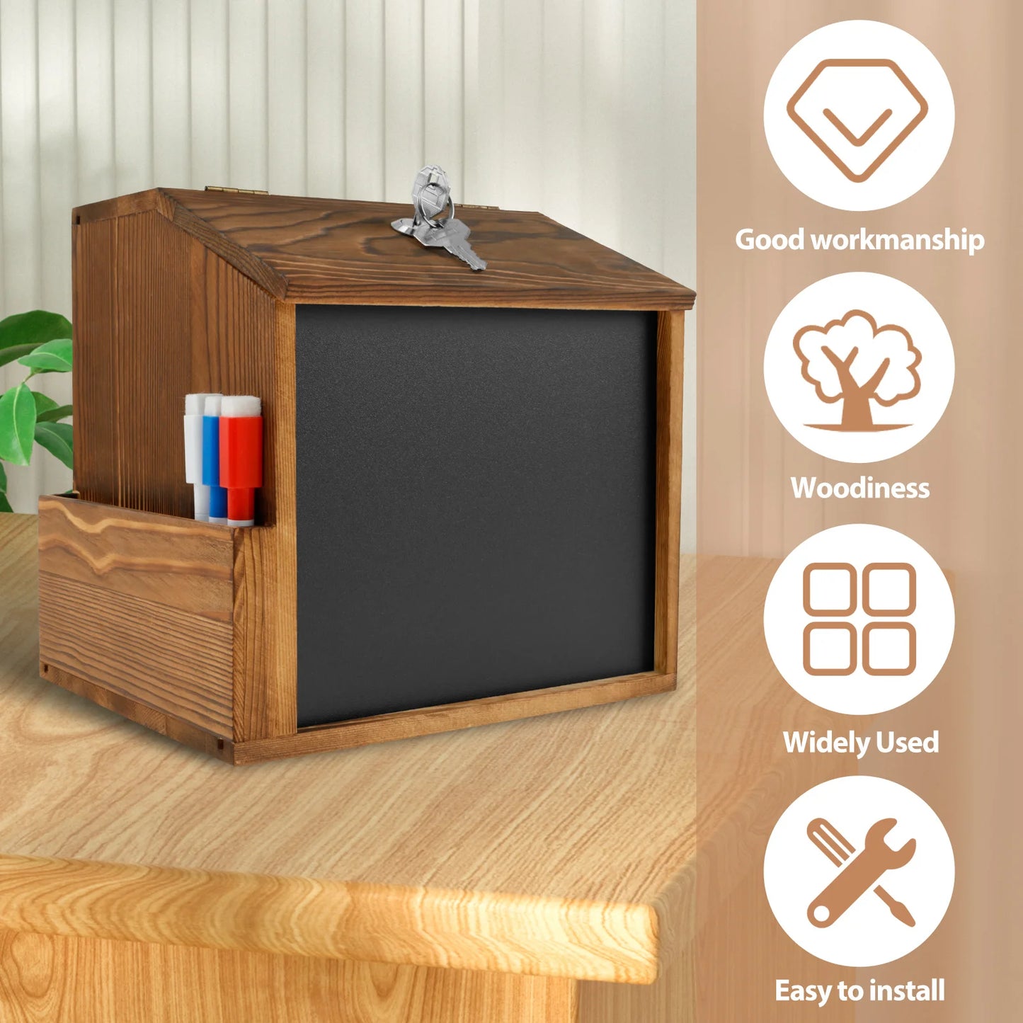 Wood Suggestion Box Wall Mounted Ballot Box Vintage Donation Box with Slot, Lock,Chalkboard Multifunctional for Church Wedding