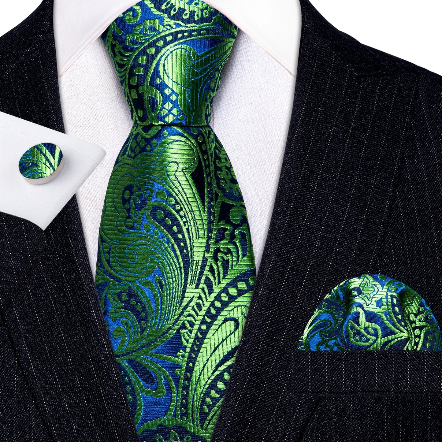 Amazony Epic Green Silk Mens Tie Hanky Cufflinks Set Mint Grass Teal Bottle Sage Pea Green Necktie For Male Wedding Business Party