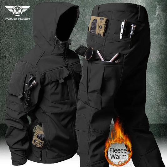 New 2024 Outdoor Tactical Set Men Military Multi-pocket Hooded Work Jacket+Windproof  Waterproof Fleece Cargo Pants Winter Sharkskin Suit