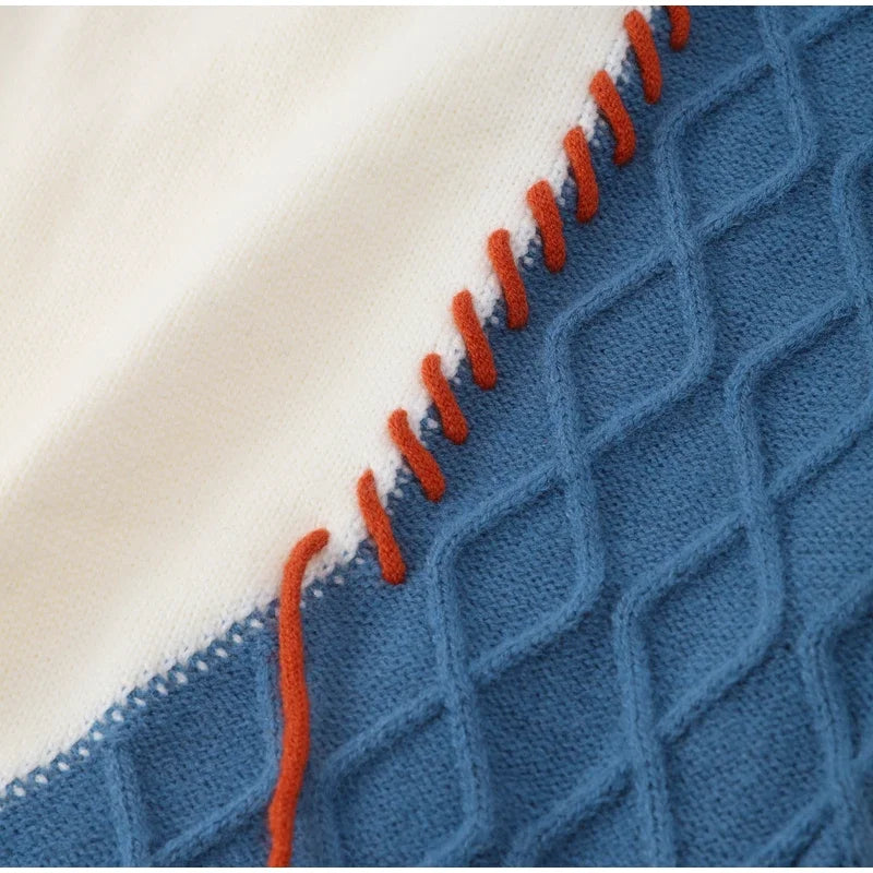 Man Panelled Contrast O neck Sweater 2024-2025 Autumn Winter Vintage Loose Long Sleeves Knitted Pullover Fashion Casual Male Jumper