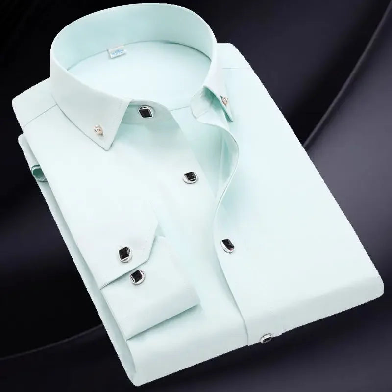 Summer Business Slim Fit White Shirt for Men - British Casual Tooling Style with Three Buttons Men's Long Sleeve Shirts