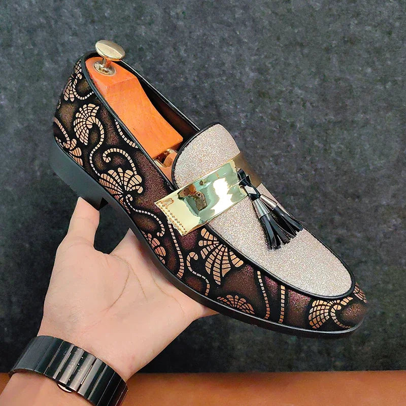 New 2025  Loafers for Men Flock Embroider Tassel Casual Shoes Slip-On Breathable Handmade Mens Dress Shoes Size 38-47