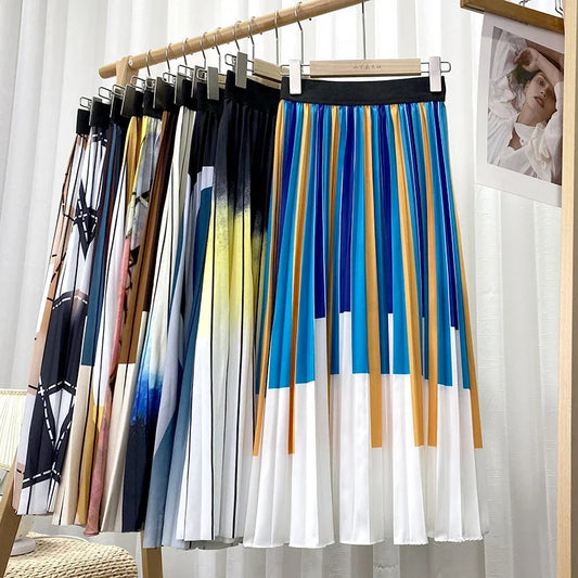 Spring Autumn Gradient Drape Pleated Long Skirt ITALY Swing Plaid Color Block A-line Thick Long Skirts