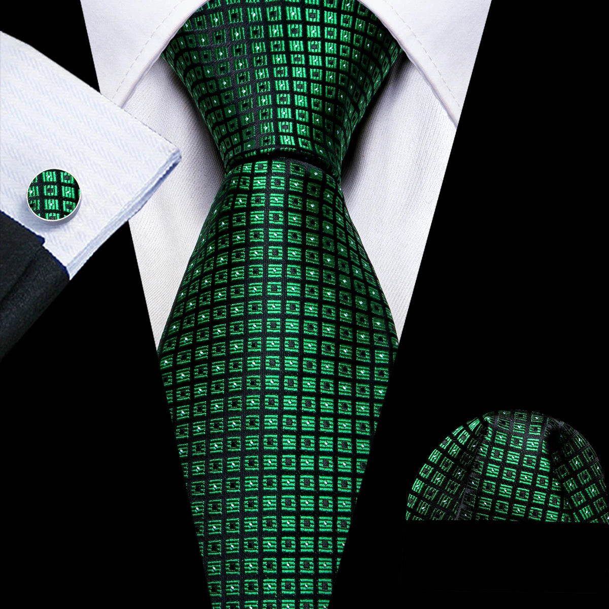 Dark Green Silk Solid Men Ties With Pocket Square Cufflinks Set Elegant Woven High Quality Suit Necktie Wedding