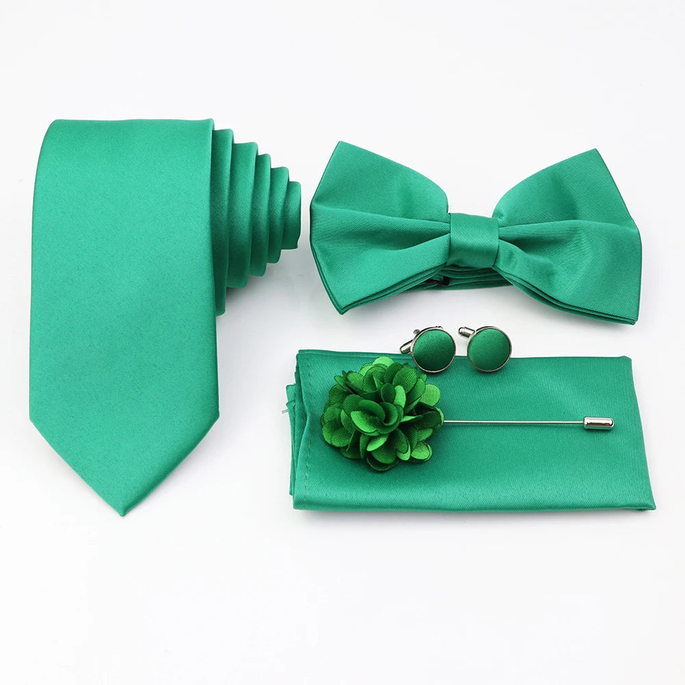 Hot Sale Pink Purple Sage Green Tie Set Polyester Necktie Bowtie Cufflink Brooch For Groom Suit Wedding Cravat Shirt Accessory