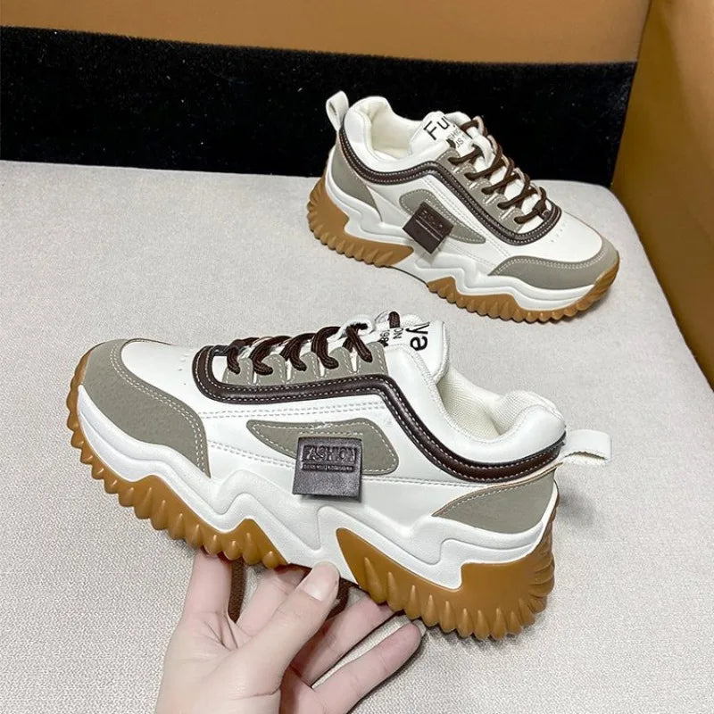 New 2024 and 2025 Trendy Dad Shoes Women's 2024 New Contrast Color Thick Sole Sports Women's Shoes Lace Up Casual Vulcanization Zapatos Mujer Traf